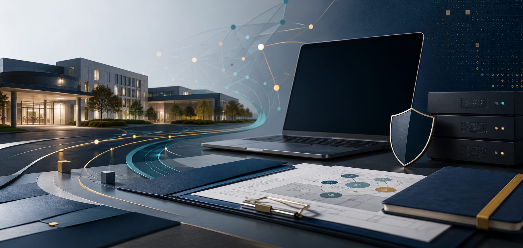 Managed devices, network equipment and a security plan on a desk